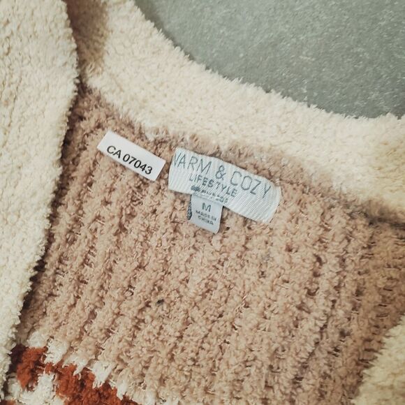 NWOT Warm & Cozy Open Front Cardigan Sweater. Cream, Brown. Geometric. Boho. M. - Picture 2 of 10